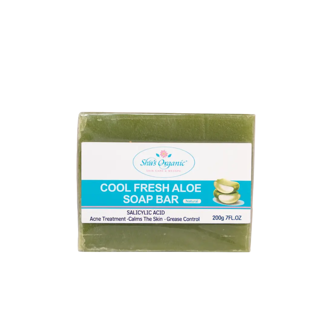 Sha's Organic Skincare Cool Fresh Aloe Soap Bar Cleanser, 200g, with Salicylic Acid for Anti-Acne Treatment, Soothing Calming Skin, Gentle Cleansing, Anti-Bacterial Body Care, All Skin Types, 24-Month Shelf Life, Aloe Enriched Soaps, Aloe-Based Facial Cle