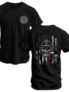 Plus Size Men's T-Shirt, Firefighter Skull Pattern T-Shirt, Thin Red Line Flag and Axe Pattern, Soft Cotton Tactical Shirt, Men's Eye-Catching Clothing, Gift for Brave Firefighters and Rescuers, Crew Neck Casual Style