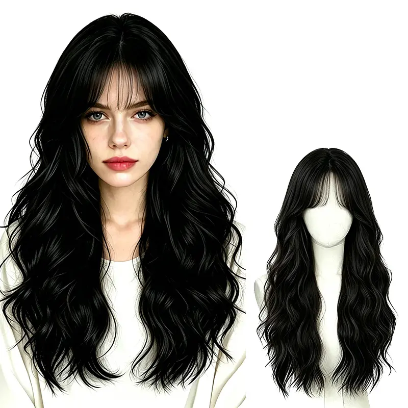 Lotfon Women's 25 Inch Wavy Wig, Long Black Glueless Synthetic Fiber Hair with a Simulated Scalp for a Natural Look, Lightweight and Adjustable, Glueless Synthetic Wig, Wavy Wigs