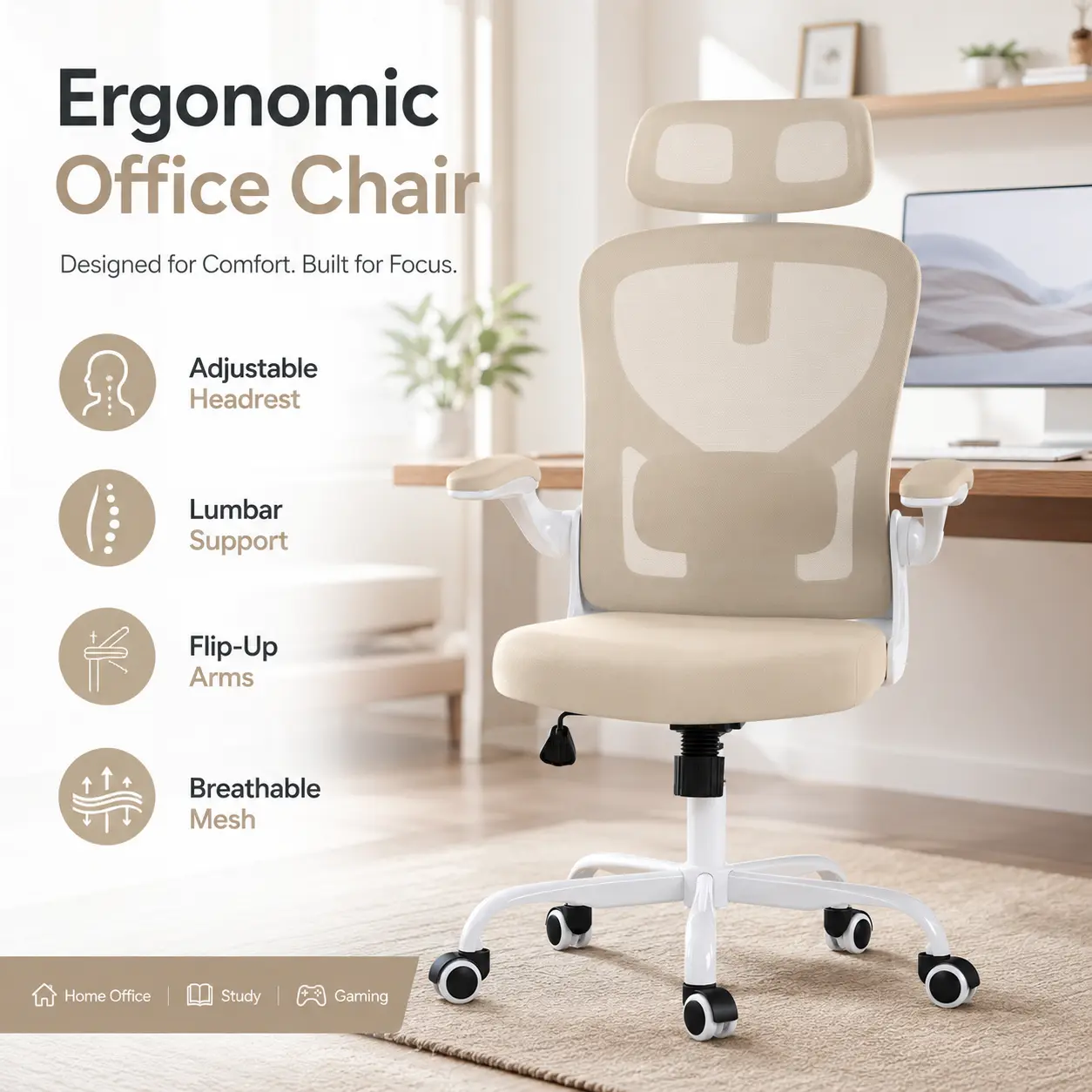 Super Ergonomic Office Chair Home Office Desk Chair High Back Computer Chair with Headrest Armrests and Adjustable Lumbar Support, White Khaki Swivel Task Chair for Study Room Bedroom Work From Home Long Sitting