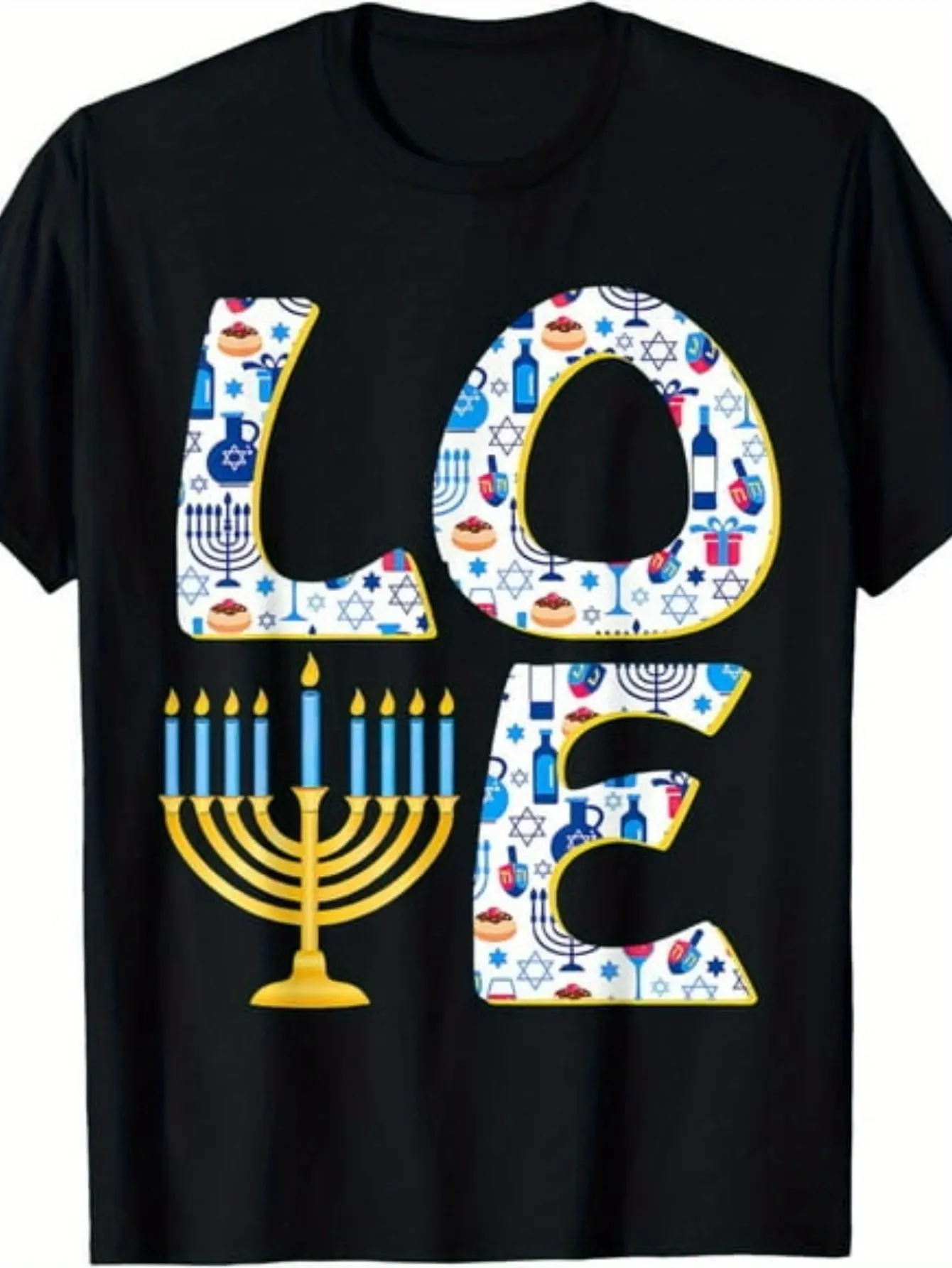 Men's & Women's Hanukkah T-Shirt - Hebrew LOVE Lettering with Menorah & - Soft Breathable Cotton Jewish Holiday Apparel, XL Size Casual Crew Neck Short Sleeve Matching Family Pajama Top for Hanukkah Celebrations