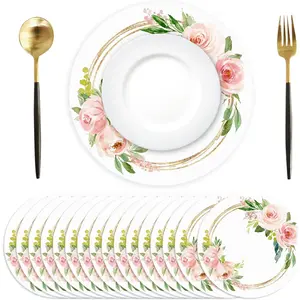 50 Pack Disposable Pink Rose Floral Paper Placemats 13.7 Inch Round Table Mats for Spring Summer Birthday Wedding Anniversary Bride Party Supplies