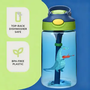 Cute Cartoon Dinosaur Design Kids Water Bottle Toddler Cup with Straw Spill Leak Proof Durable Plastic Drinking Bottle for Children School and Sports, Perfect Gift For Friends, Family, Children