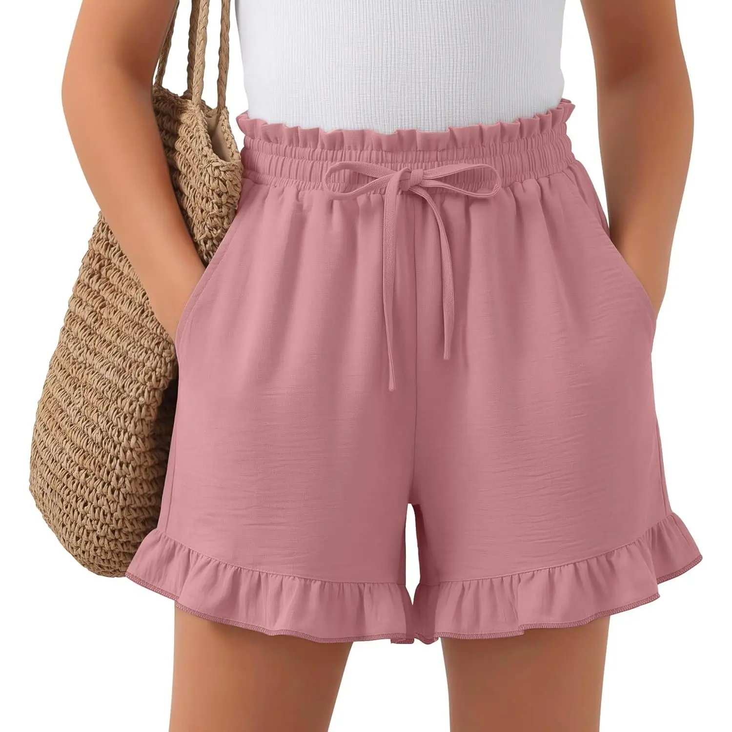 Girls Shorts Summer Ruffled High Waisted Drawstring Shorts Kids Casual Loose Clothes with Pockets 5-14 Years