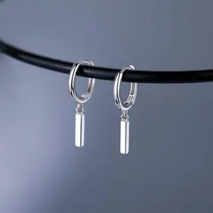 Hoop Mini Silver Bar Pendant Earrings Unisex Jewelry