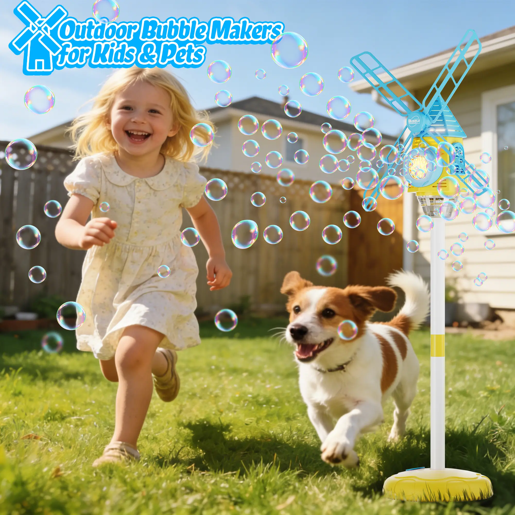 Windmill Bubble Machine - Battery-Powered Automatic Bubbler with Music, LED Lights, Adjustable Height, Disposable Battery Compatible, Indoor-Outdoor Use, Gift for 8-10 Years Kids