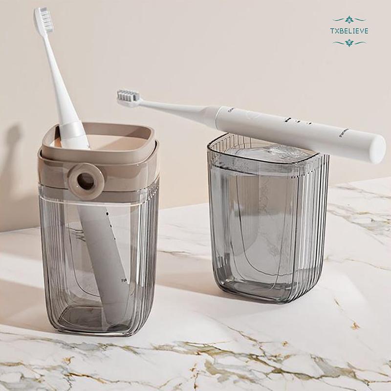 Toothbrush Travel Case, 2 in 1 Toothbrush Holder and Rinse Cup, Large Capacity Toothbrush Cup with Cover, Portable Travel Toothbrush Holder for Traveling, Camping, Trip - 1Pcs - Beige&Clear