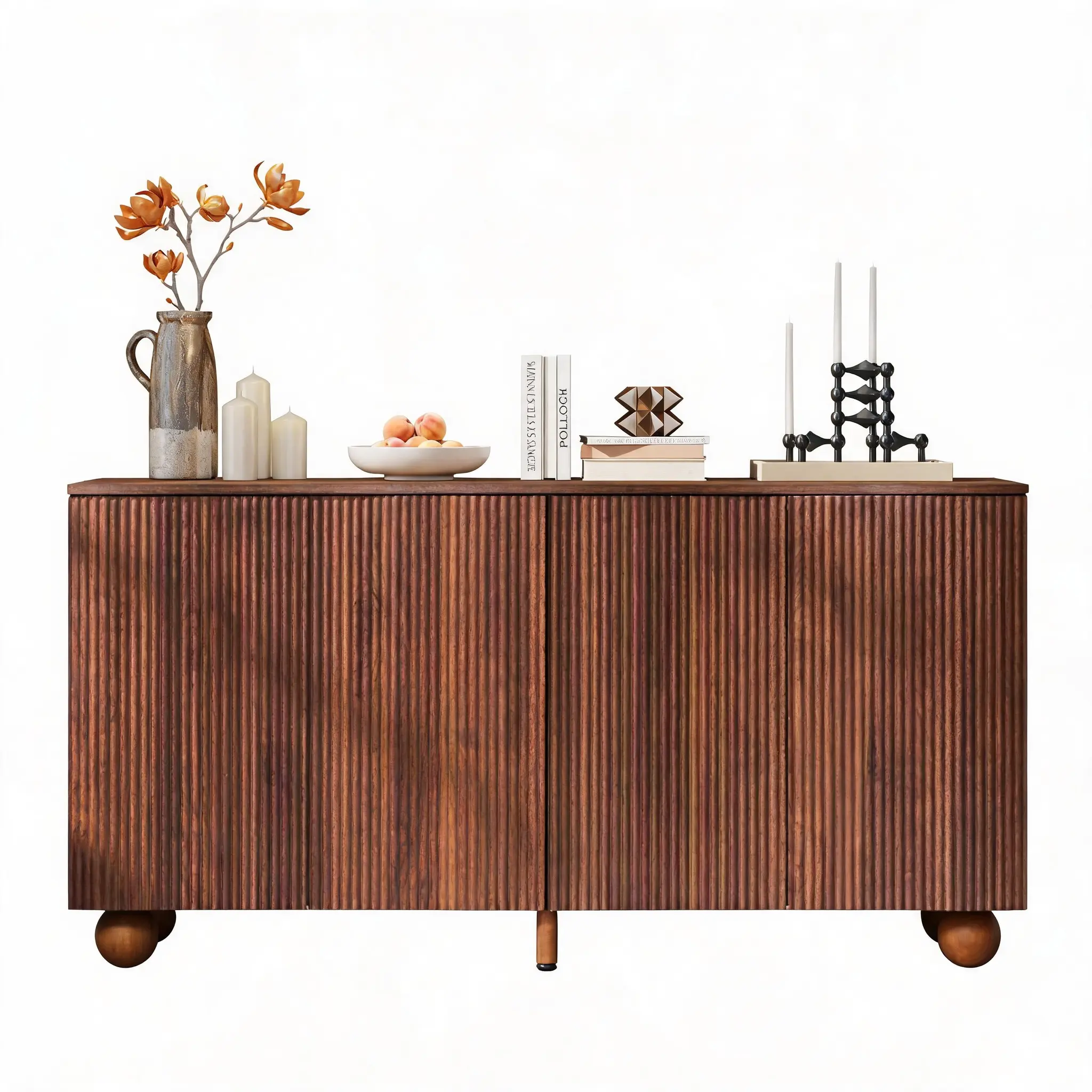 Giratree 58" Fluted Sideboard Buffet Cabinet, Curved Wave Large Storage Console Cabinet with 4 Doors and Adjustable Shelves, Wood Mid Century Modern Coffee Bar Cabinets for Living Room Hallway Kitchen