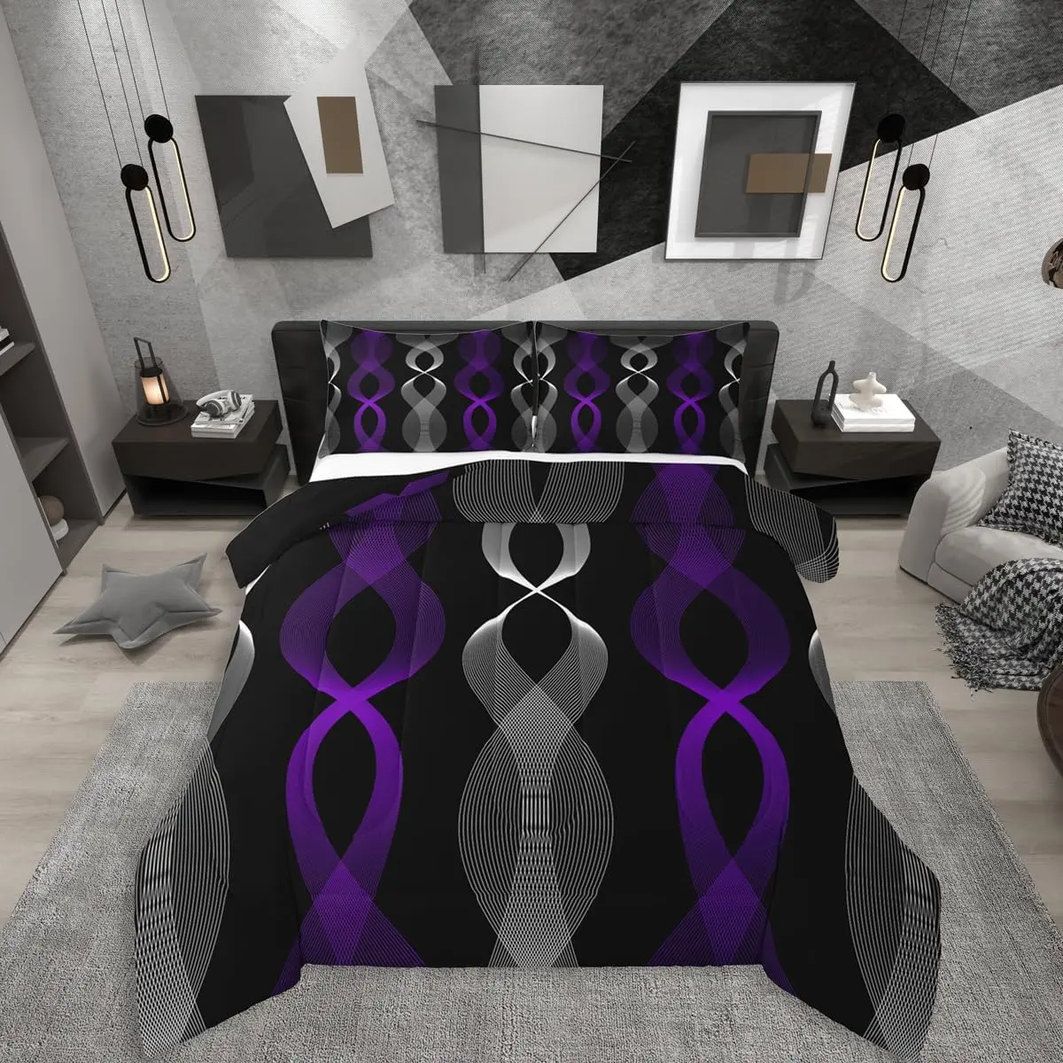 Feelyou Purple & Black Boho Abstract Striped Microfiber Comforter Set - Multi-Size, Travel-Friendly, Modern Aesthetic Line, Contemporary Gradient Geometric Quilt, Bedroom Bedding Set, Microfiber Bedding Set