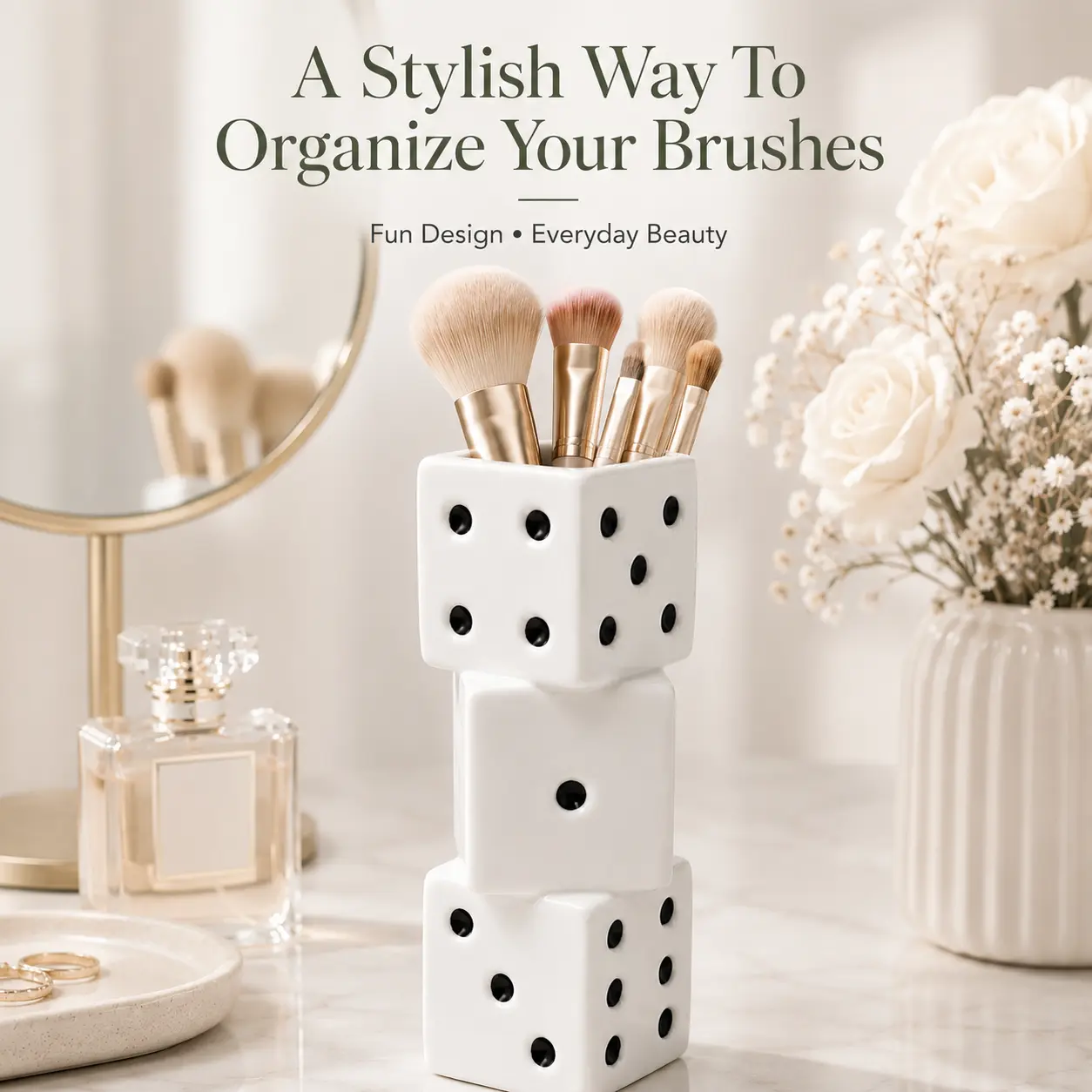 Resin Dice Shape Makeup Brush Holder - White Compact Bathroom Organizer, Playful Look Vanity Cosmetic Storage, Aesthetic Desk Decor Gift