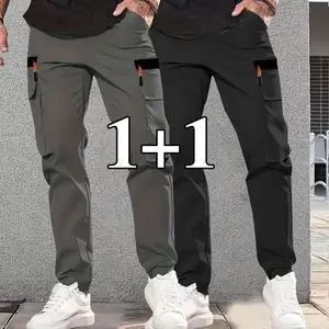 Men's Heavyweight Work Pants, 2 Pack Loose Fit Multi Pocket Utility Pants with Elastic Waistband & Non Stretch Fabric Suitable for Construction, Outdoor Activities & Everyday Casual Wear Black Full Length Trousers (Machine Washable), Durable & Abrasio ind