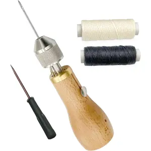 Professional Sewing Awl Hand Stitcher Repair Tool Kit for Leather and Heavy Fabrics with 2PCS Needles 1PC Coil and Yarn Threads