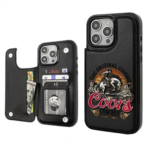 Cowboy Retro Coors  Beer Lover Cow Trendy Vintage Western Style Card Holder Wallet Aesthetic Pattern Black Casing For iphone 16 15 14 13 12 PRO PLUS MAX PU Leather Stylish Gift Shockproof Protection Anti-Drop Protective Protector Phone Cases Shell Cover
