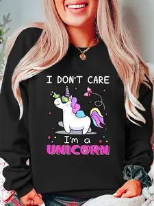 Creative Unicorn Print Pullover Sweater, Fall & Winter Casual Fitted Long Sleeve Round Neck Top, Women's Fashion Clothing