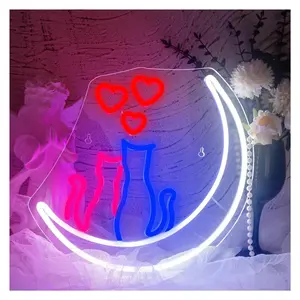 Sign Illuminated Two Cats On Moon Neon Sign,Cute Couple Kittys Neon Lights For Wall Decor Animal 3D LED Neon USB Light Up Signs 33cmx33cm Sign Lamp