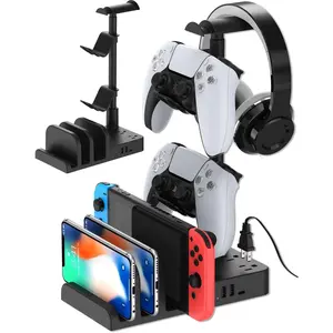 P-CPS022    Headphone and Controller Stand with USB A&C Charger, Desk Gaming Accessories Headset Holder with USB Charging Port and 2 AC Outlets, Switch/Phone Storage Organizer, Gamer Gift for Men Boyfriend