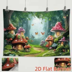 1PC,2D Flat Customize Backdrop Fantasy Forest Mushroom House Decorative Backdrop, Fairy - tale Style with Butterflies and Green Plants Scene, for Festival Party, Birthday and Photography, a Decorat