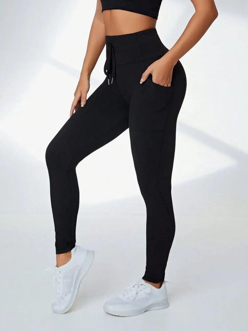 Solid Drawstring Waist Pocket Side Sports Leggings - Yoga Pants for Women's Gym