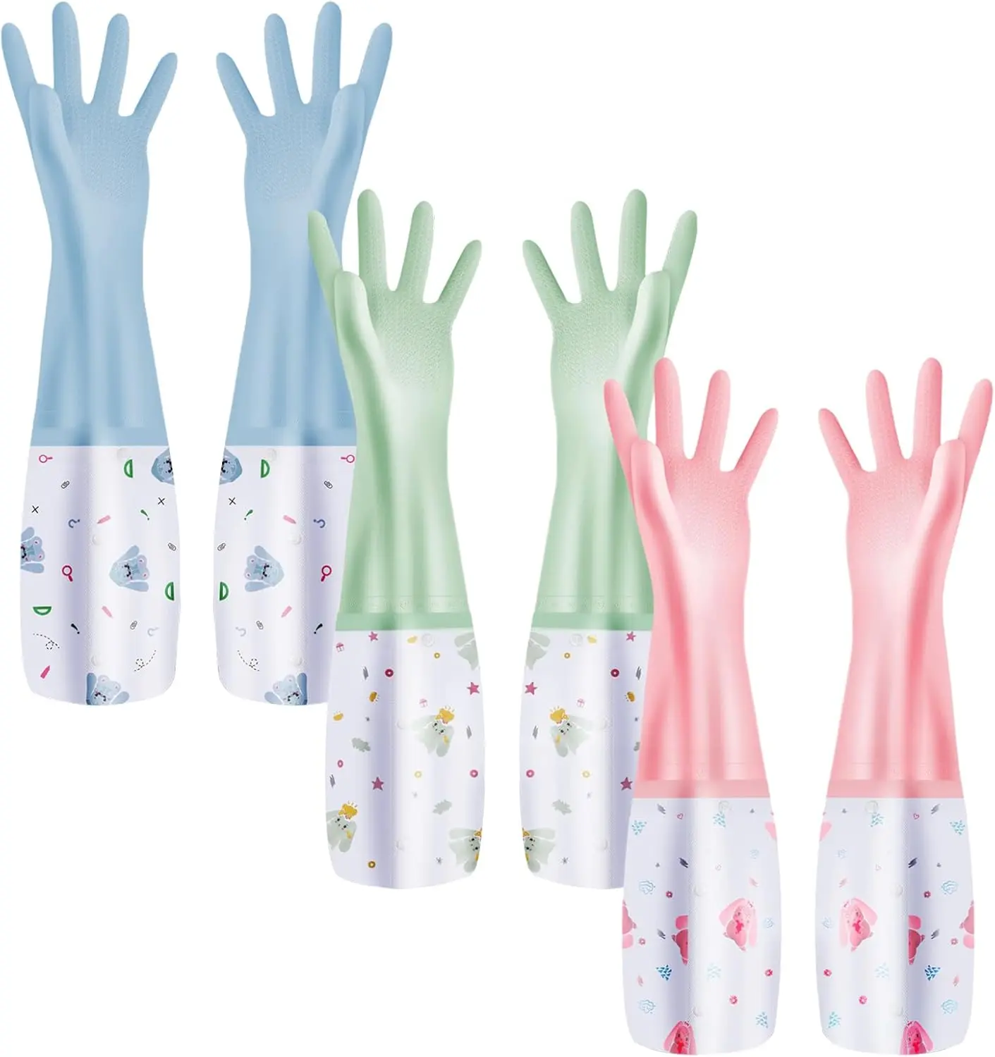3 count  Dishwashing Gloves,  Long Cuff Non-Slip Household Gloves With Cotton Lined For Laundry, Cleaning, Working, Gardening