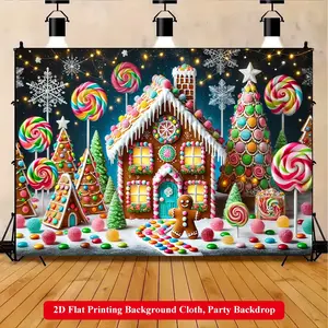 2D Flat Printing Backdrop Banner 1pc, Lollipop Gingerbread House Decor Vibrant Polyester Background Cloth for Family Party, Wedding, Birthday, Christmas, Thanksgiving, Fall, Entryway, Room Decorations, Easy to Set Up, Reusable