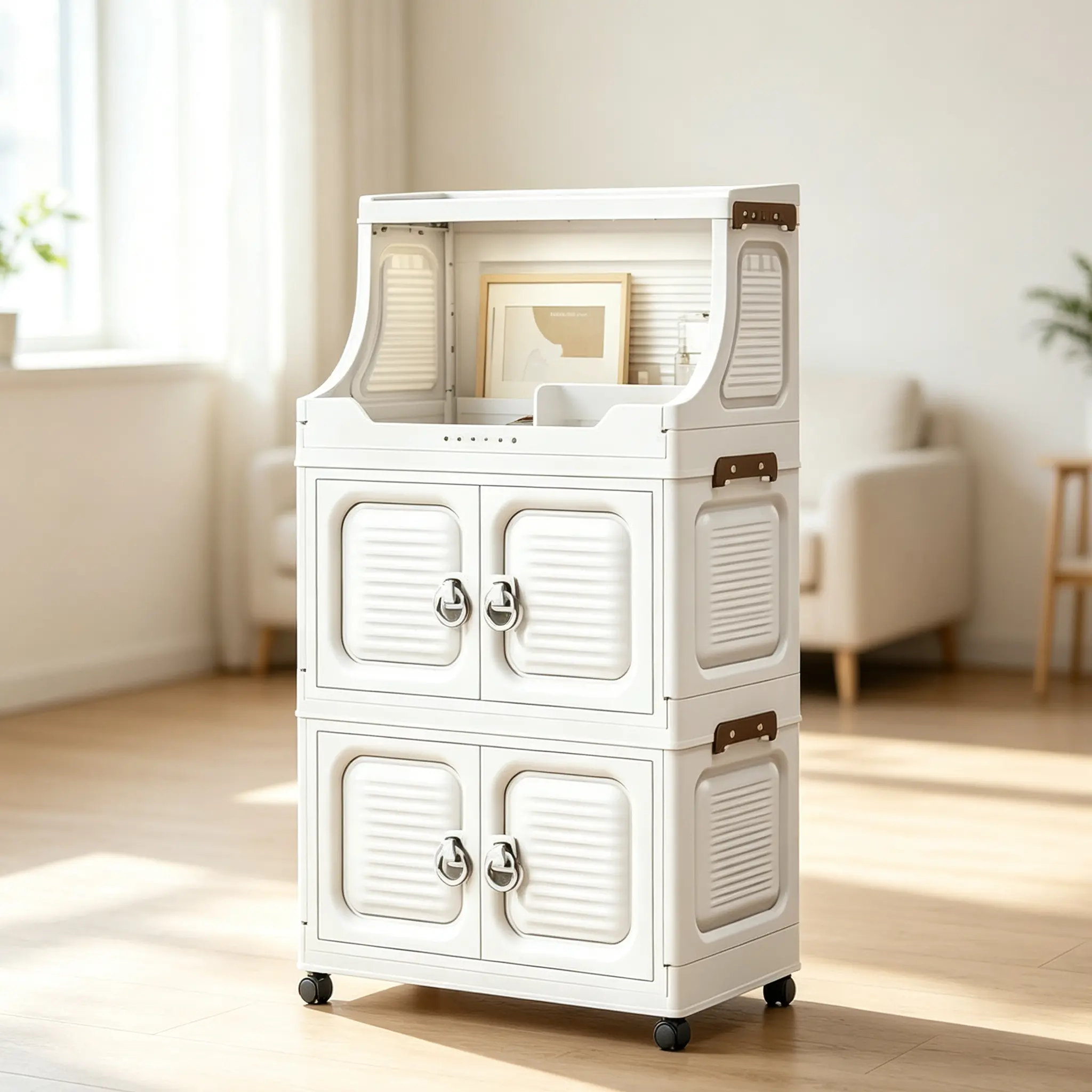 Collapsible Stackable Storage Cabinet, Open Top Shelf & Magnetic Door - Multifunctional Foldable Plastic Storage Cabinet with Lockable Wheels, Tool-Free Assembly, Space-Saving Design, Storage Organization Container for Laundry Room & Home Use