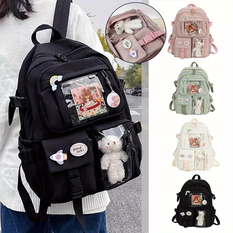 Kawaii backpack with pinned accessories plush pendant, cute aesthetic school backpack, women's large capacity laptop backpack