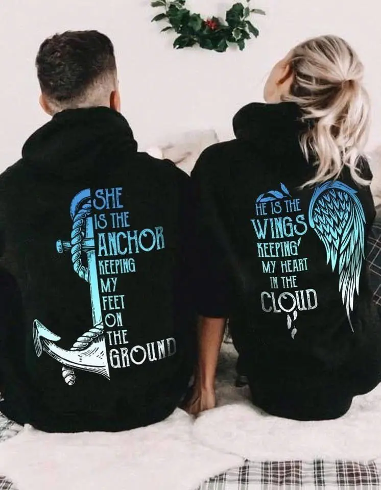Matching Couple Shirts, She Is My Anchor He Is My Wings Tee, His and Hers Matching Hoodie, Romantic Couple Gift, Anniversary Outfit
