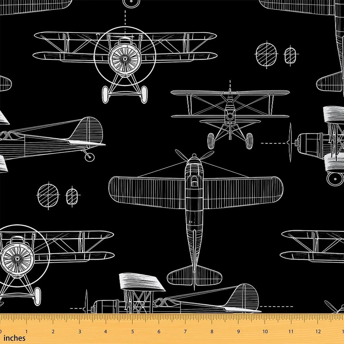 Aircrafts Fabric Hand Drawn Style Lines Aircraft Fabrics Sewing Supplies Black White Vintage Airplane Fabric DIY Soft Flannel Polyester No Stretch
