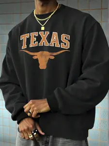 Men's Round Neck Casual Loose Comfortable Sweatshirt With Retro American Texas Longhorn Print, Hip Hop Street Style