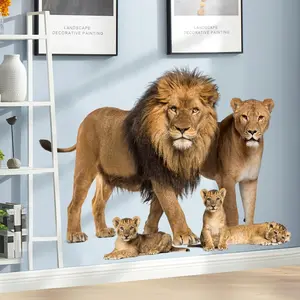 F-WPA06  Lifelike Lion Wall Decals Peel and Stick 3D Jungle Wild Animal Wall Sticker Tropical Lion Family Wall Mural Removable Wall Decor for Bedroom Living Room Club Party Decorative Mum