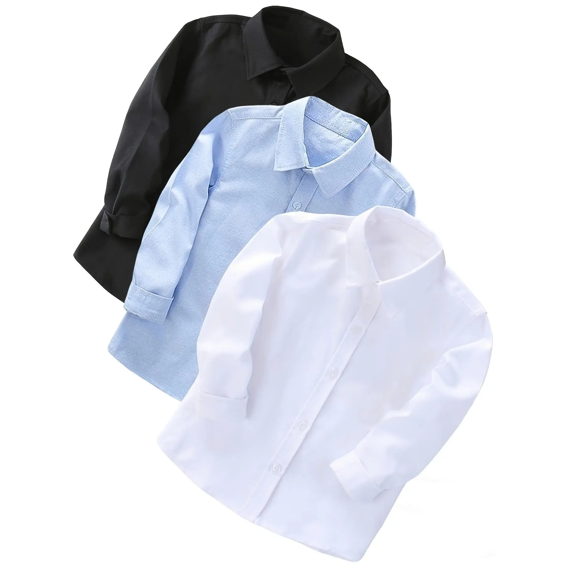 [Back-To-School Season] 3pcs Set Boys' White Shirts White Shirts School Uniform Performance Outfit All-Season Long Sleeve Shirts Blue Shirts