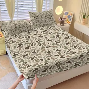Camouflage Fitted Sheet Set, 1 Fitted Sheet + 2 Pillowcases, Neutral Desert Camo Print Soft Comfy Bedding, Soft Breathable Microfiber Bed Linen, All Season Bedroom Decor for Men & Teens