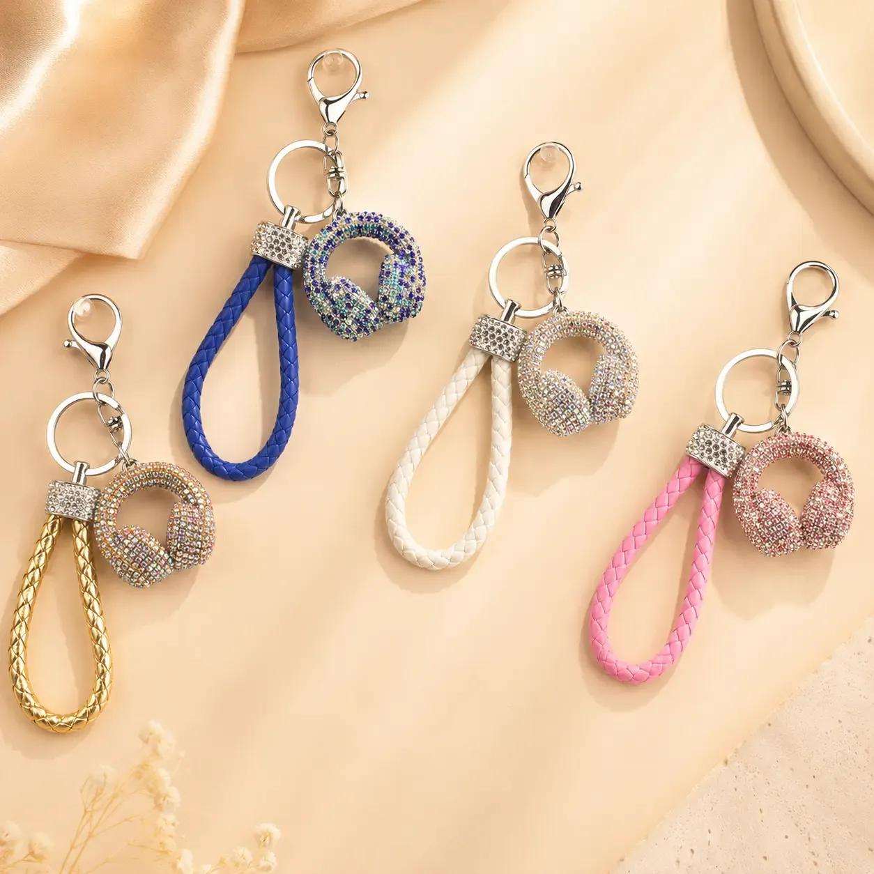 Shiny Bling Rhinestone Earphone Keychain - Full Crystal Covered Key Ring, Fashion Music Bag Charm with Exquisite Inlay Craftsmanship for Everyday Handbags Backpacks