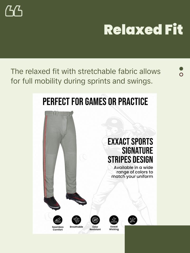 Exxact Sports Proline Full Length Baseball Pants Youth & Adult with Stripes, Relaxed Fit Open Bottom Men/Boys Baseball Pants (Grey/Red)