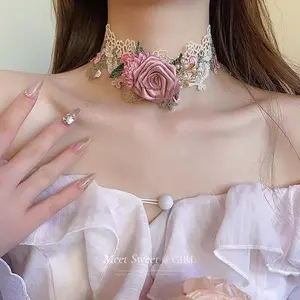 Girl's Rose Flower Lace Necklace, Women's New Spring/Summer Necklace, High-end Clavicle Chain