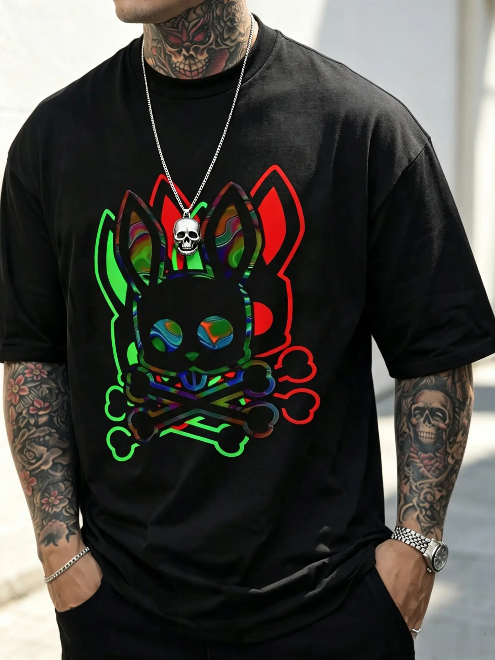 Comfortable Chic Men'S T-Shirt 'A Stylized Black Rabbit with Colorful Eye' Pattern, Crew Neck, Short Sleeve, Allseason, Regular Fit Menswear Tops Cotton Tee