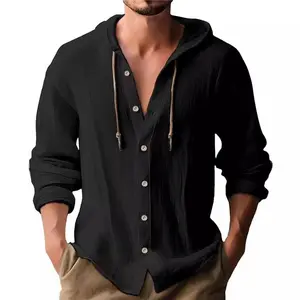 Men's Fashion Casual Beach Outdoor Hooded Long Sleeve Cardigan,100%Cotton  Breathable Lightweight Linen Shirt,, All Seasons Wear Menswear