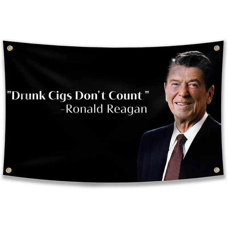 Ronald Reagan "Drunk Cigs Don't Count" Novelty College Dorm Banner, Brotherhood Bold 3x5ft Print Slogan Backdrops & Banners, 4 Brass Hang Rings, Indoor Wall Decor, Vivid Colors, Birthday Gift (Home & Festive Party Supply)