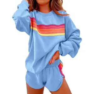 2 Piece Lounge Set for Women Rainbow Striped Sweatshirts Loose Fit Pants Color Blocked Suits Sweatsuits Tracksuit