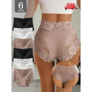 3/6pcs Women's Cotton High Waist Comfort Briefs, Lace Floral Trim & Seamless Soft Elastic High Rise Casual Panties, Full Coverage Comfortable No Roll Edges, Breathable Everyday Luxury Panties Set 1423