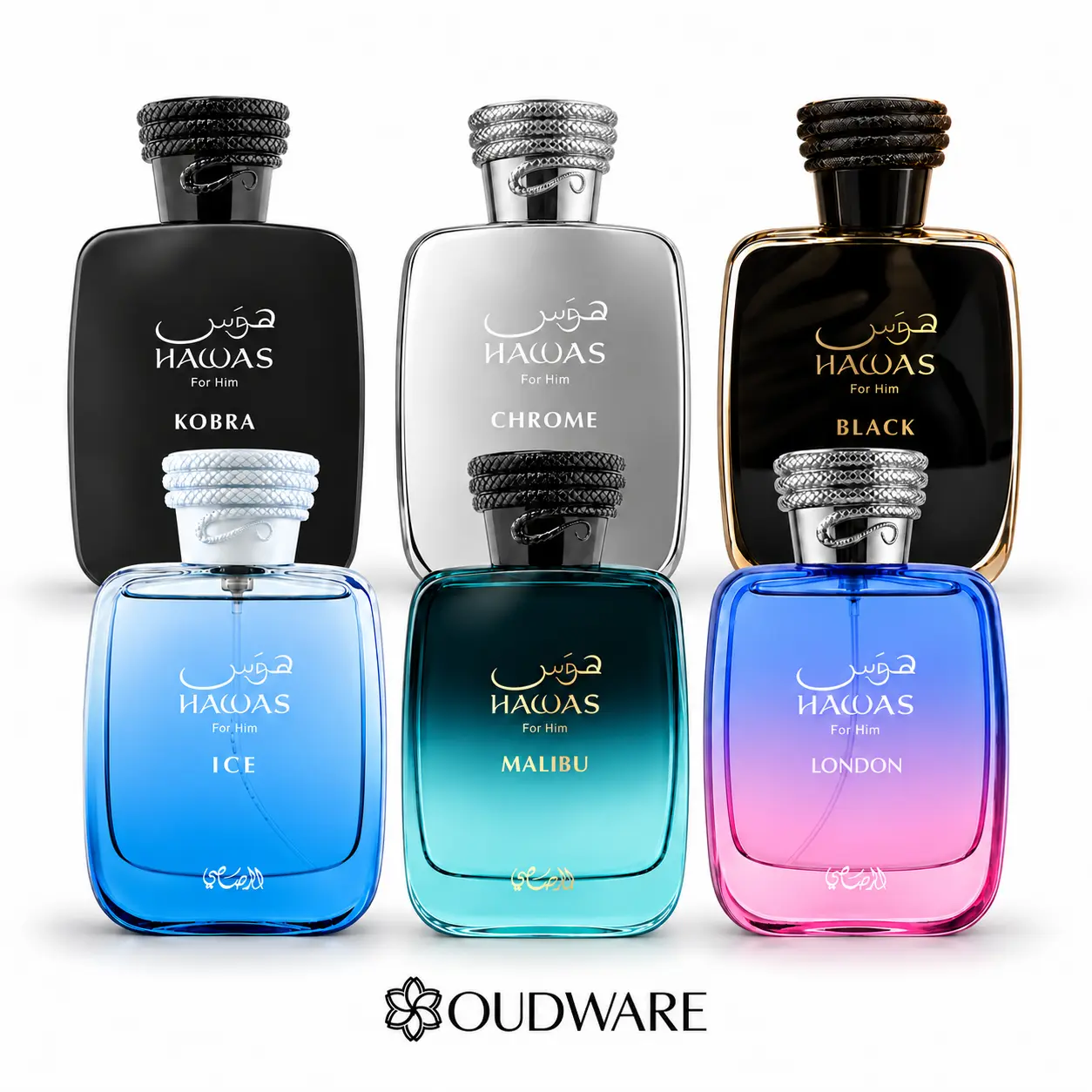 Rasasi Hawas Malibu + Hawas Chrome + Hawas Ice + Hawas Kobra + Hawas Black + Hawas London Eau de Parfum, 6 × 100 mL (3.38 fl oz Each), 6-Piece Fragrance Bundle PROMO DEAL