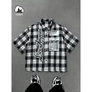 Textured Printed Fabric,Collar Cropped Short Sleeve Button Down Shirt, Lightweight Breathable Woven Fabric, Relaxed Oversized Fit