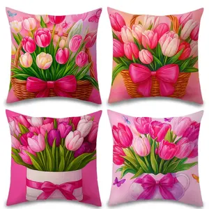 Valentine's Day Pillow Covers Set of 4, Tulip Bouquet Design, Romantic Decorative Cushion Cases, Polyester Material