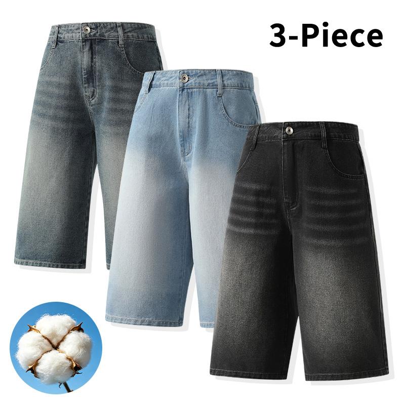 3-piece set of multi-color vintage washed wide-leg knee-length denim shorts made from cotton fabric; loose draping design, high-waisted relaxed fit, streetwear style. Suitable for summer daily wear, strolling, skateboarding, beach trips, and outings. Fash 3-piece set of multi-color vintage washed wide-leg knee-length denim shorts made from cotton fabric; loose draping design, high-waisted relaxed fit, streetwear style. Suitable for summer daily wear, strolling, skateboarding, beach trips, and outings. Fash