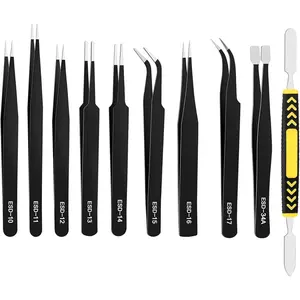 10 Piece Precision Tweezers Set, ESD Safe Anti-Static Stainless Steel Kit with Case & Pry Tool for Electronics Repair, PCB Soldering, Jewelry Making, Watch Repair, Lab and Craft Work