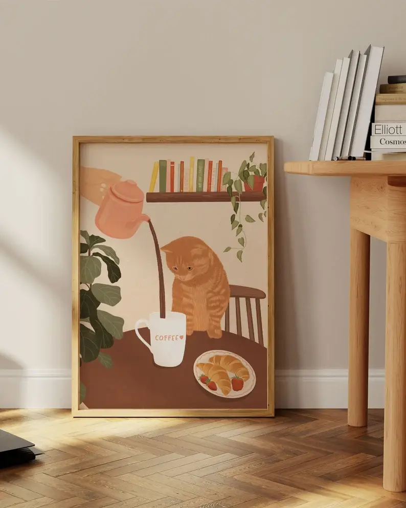 Orange Cat Coffee Wall Art, Cute Ginger Cat Poster, Cozy Coffee and Croissant Illustration Print, Kitchen Coffee Bar Cafe Wall Decor