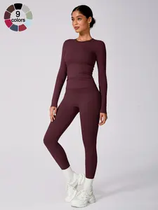 Women's Solid Long Sleeve Tee & High Waist Leggings Tracksuit Set, Sporty Round Neck Top & Skinny Pants Outfits for Gym Workout Running, Ladies Fall & Winter Sportswear, Sweatsuit Sets