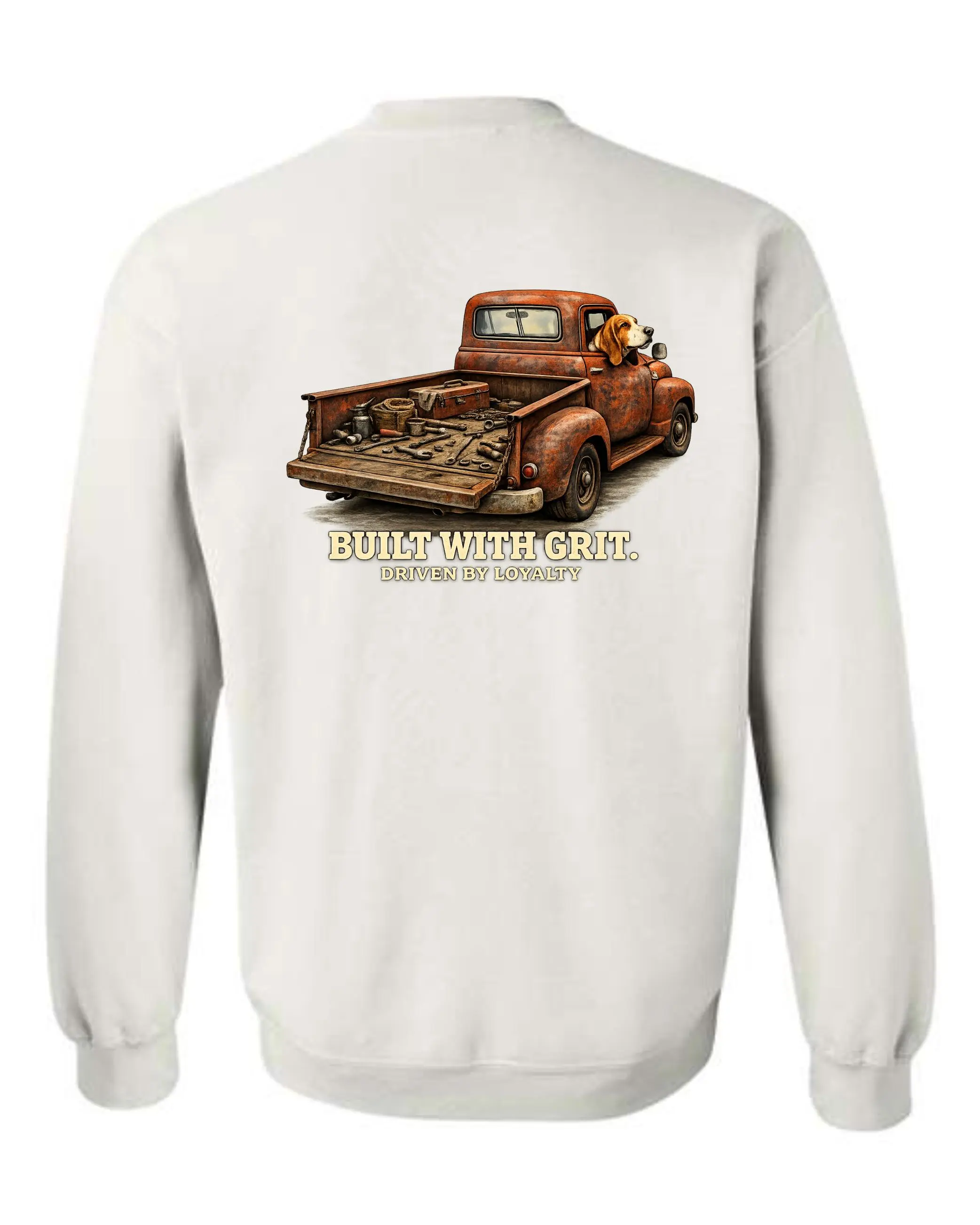 Graphic Tops, Unisex "Built With Grit" Vintage Truck Cotton Tee, Long Sleeve, Sweatshirt & Hoodie, Casual Relaxed Fit, Everyday, Birthday, Vintage Print, Unisex Sizes, Soft Blend, Rugged Truck, Medium Length