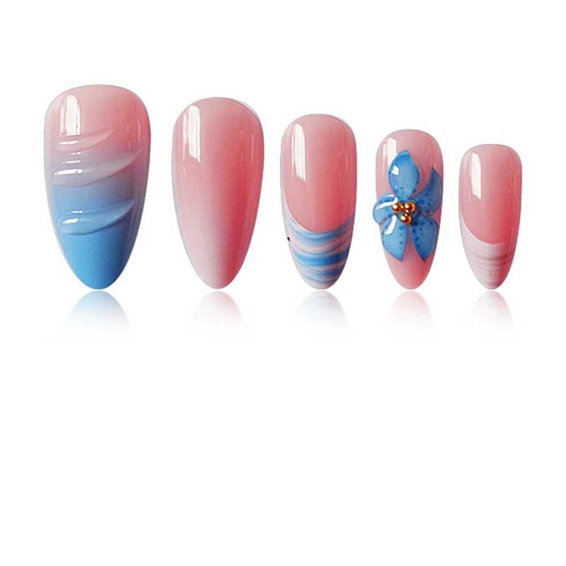 24pcs Almond Press-On Nails, Glossy Blue Gradient Design, Starfish Shell Flower Decorations, Easy Apply Nail Art Set for Women & Girls Gift