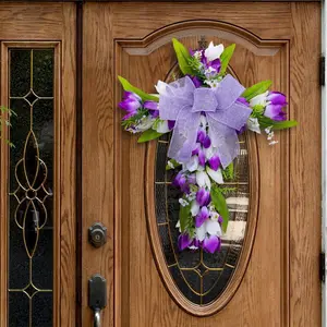 Elegant Easter Cross Wreath with Purple & White Flowers and Glittery Bow - 17.71x13.78" Rustic Garland with Green Leaves, Wall-Mounted, No Power Required - Ideal for Front Door Decoration, Wreaths for Front Door